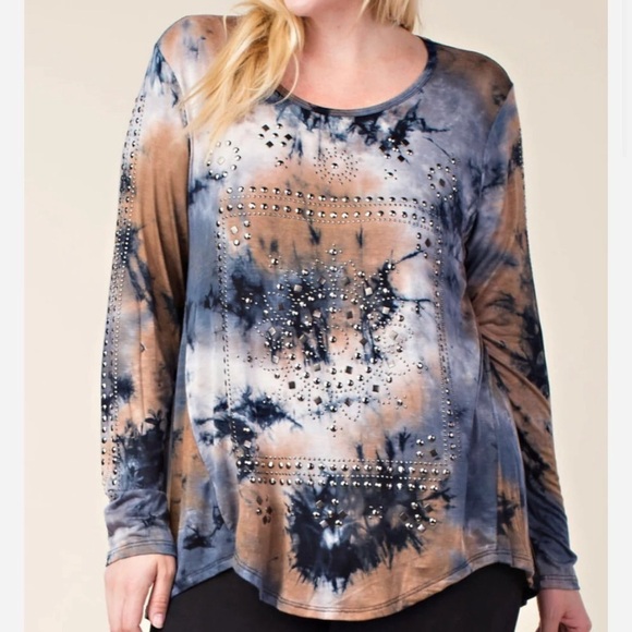 Vocal Navy/Taupe Tie Dyed Heavy Embellished Long Sleeve Tunic Top Size 2XL - Picture 1 of 8